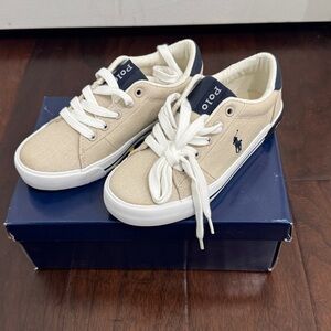 NEW Polo by Ralph Lauren Kids canvas Cream Sneakers sand Navy Graftyn boy size 1
